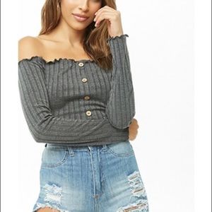 Grey Ribbed Off the Shoulder Crop Top
